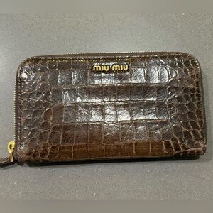 Miu Miu Dark Brown Croc-Embossed Zip Around Wallet with Gold Logo